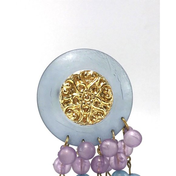 1980s Gold Tone and Frosted Lucite Dangle Brooch Pin Purple Navy - Picture 2 of 3